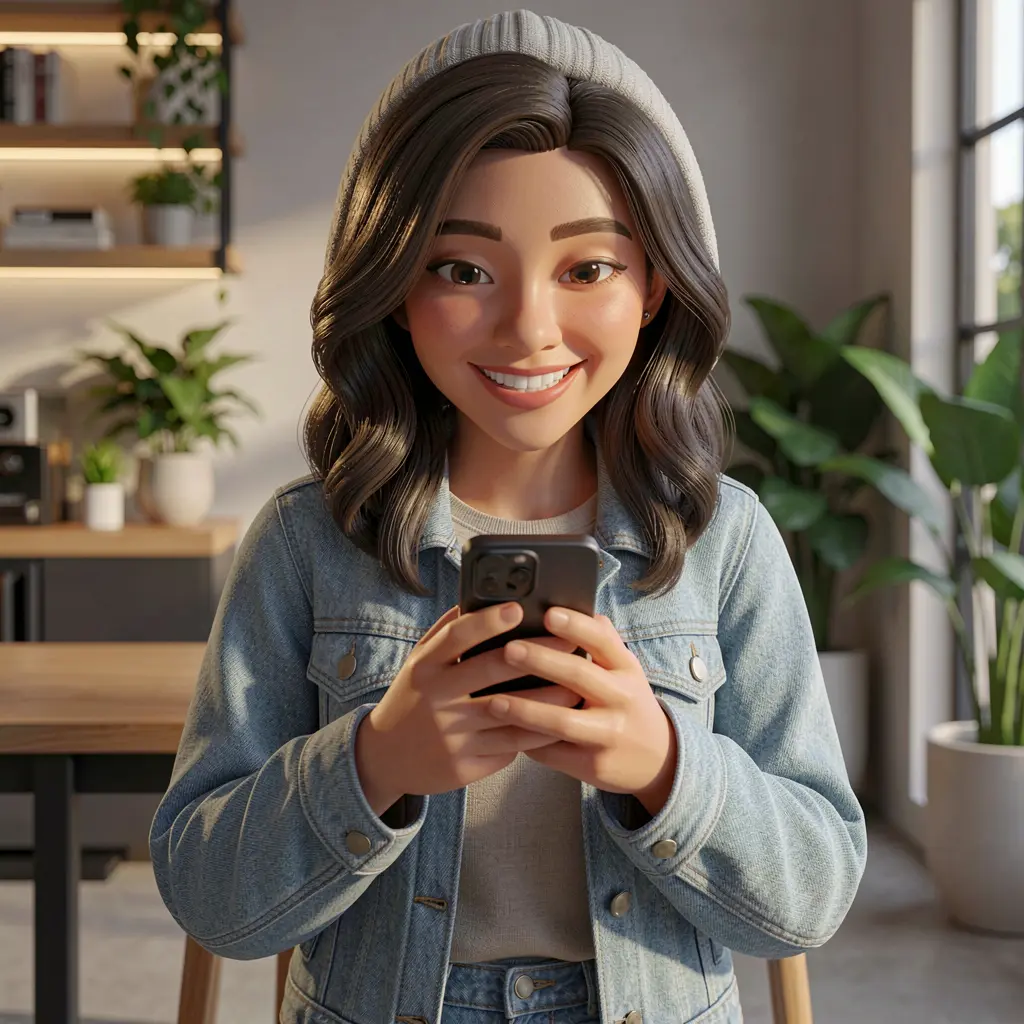 Stylish Filipino woman using the PLUS222 mobile casino app on her smartphone with a confident smile in a modern indoor setting