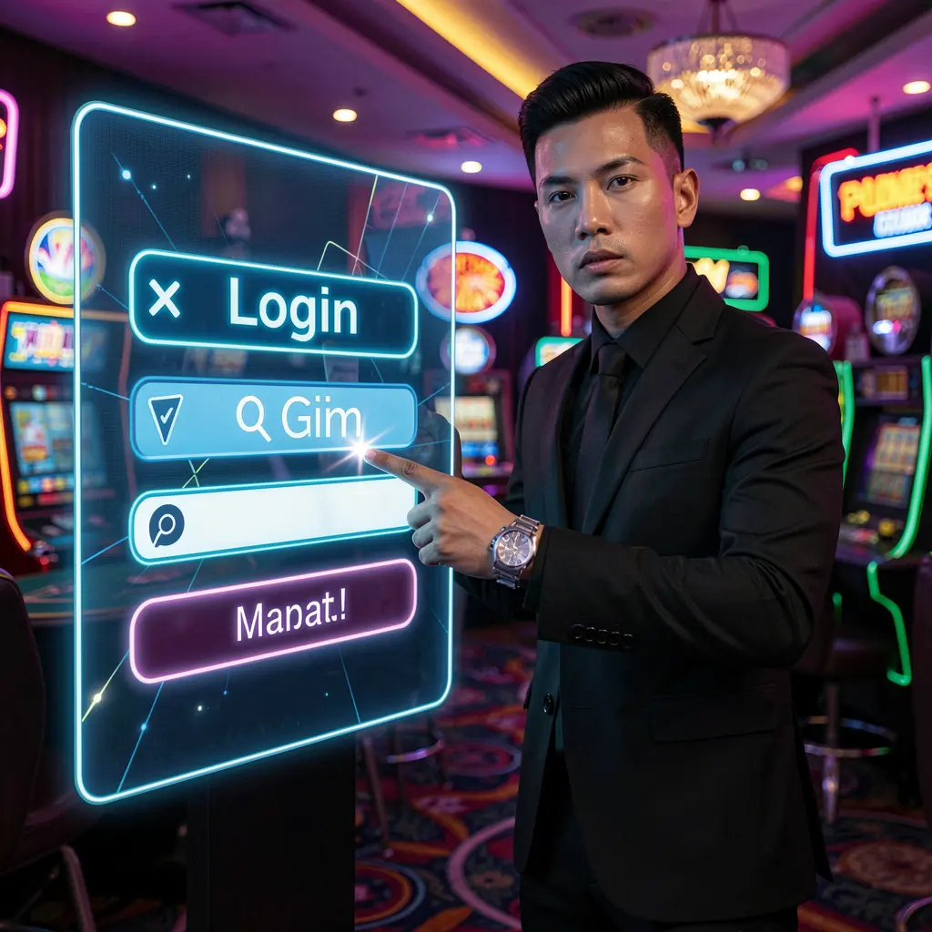 Confident Filipino dealer in a modern casino setting pointing at a glowing login interface representing secure entry to PLUS222 in the Philippines