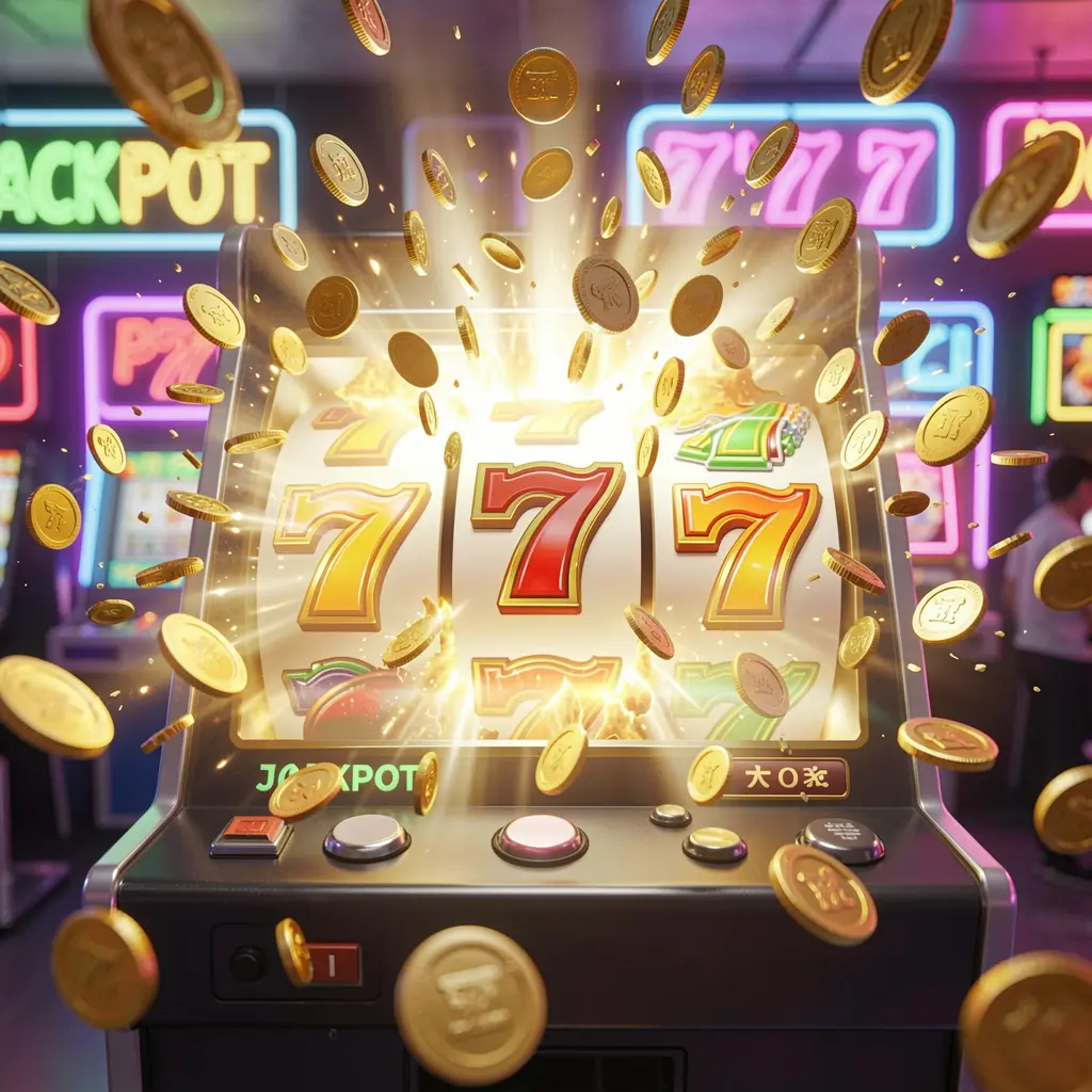 PLUS222 slot machine with glowing 777 symbols and flying gold coins creating an immersive jackpot atmosphere for online players in the Philippines